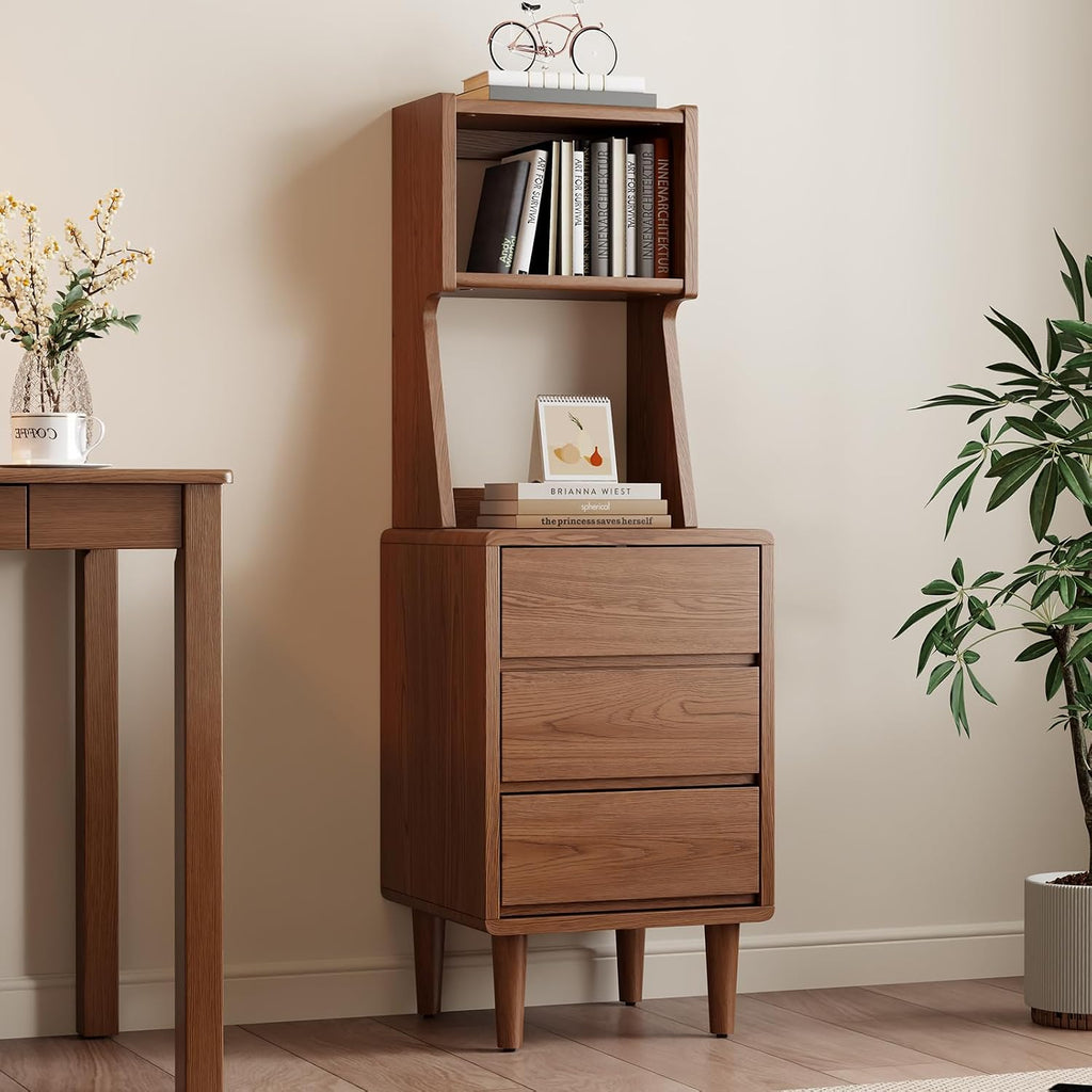 Solid Wood Bookshelf Nightstand Combo, Tall Nightstand with Bookshelf | Walnut Nightstand Bookshelf,Narrow Nightstand