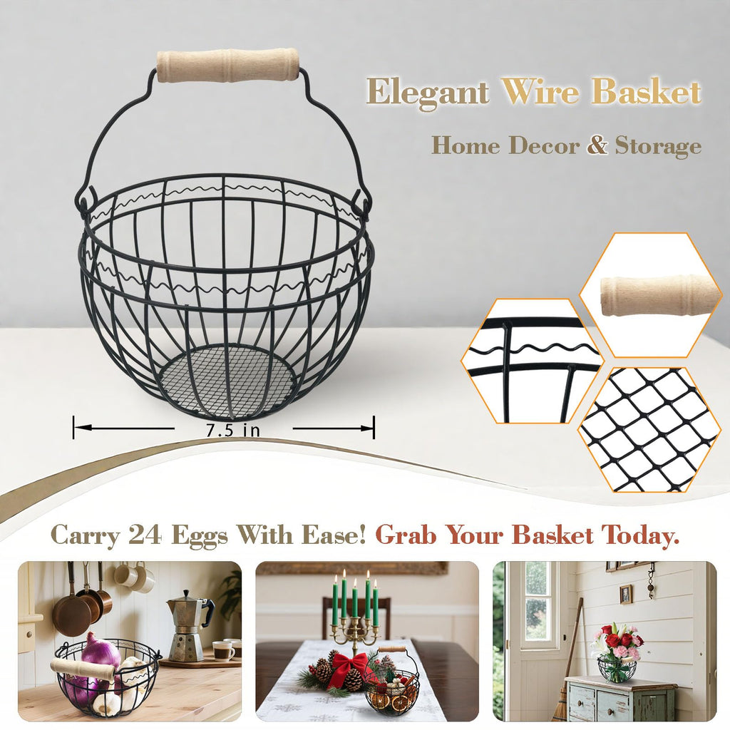 Wire Egg Basket for Gathering Fresh Eggs, Wooden Handle, Small, Holds 24