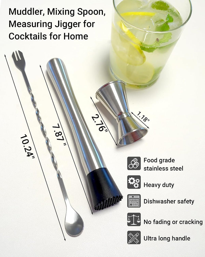 8"Stainless Steel Muddler, 10"Mixing Spoon & Jigger for Cocktails - Set of 3