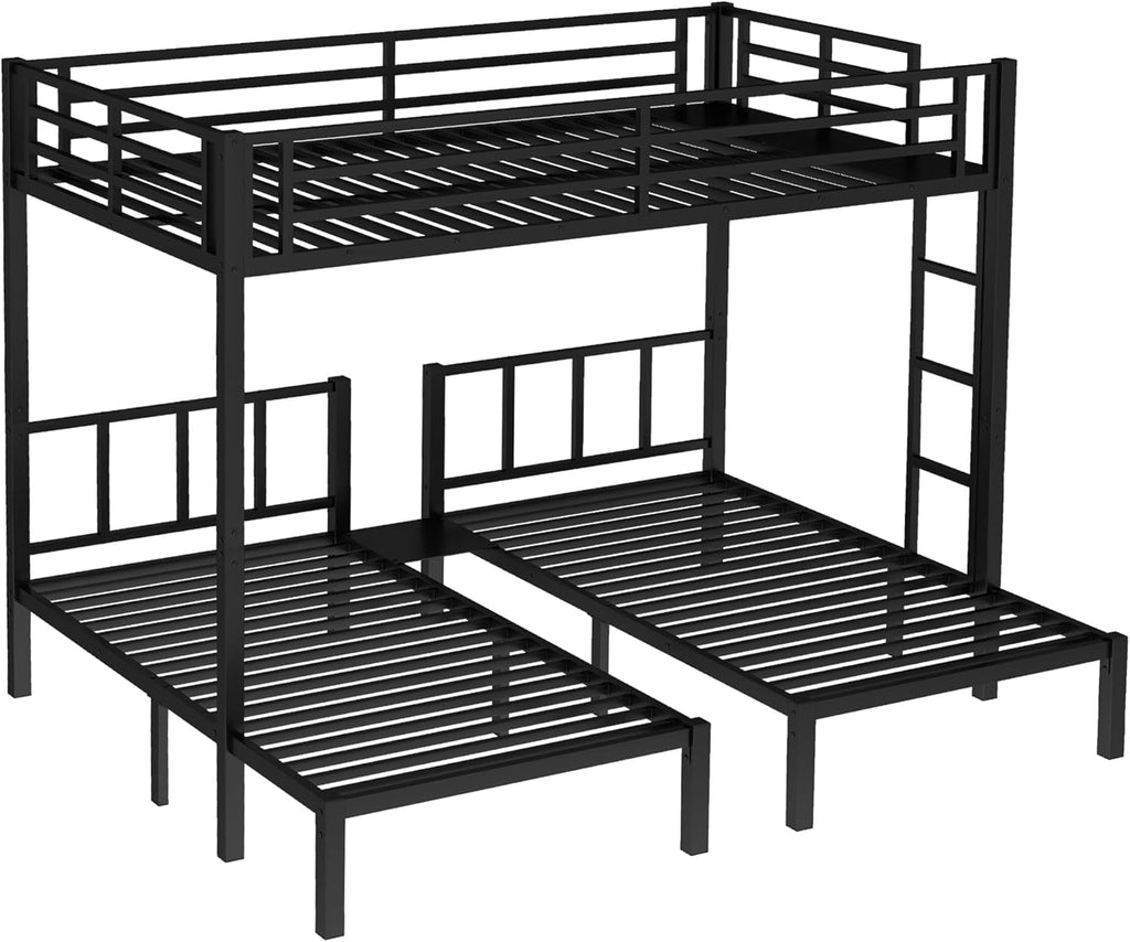 Triple Bunk Bed for Kids, Detachable Queen Over Twin & Twin Metal Bunk Bed with Guardrails, Ladder & Storage