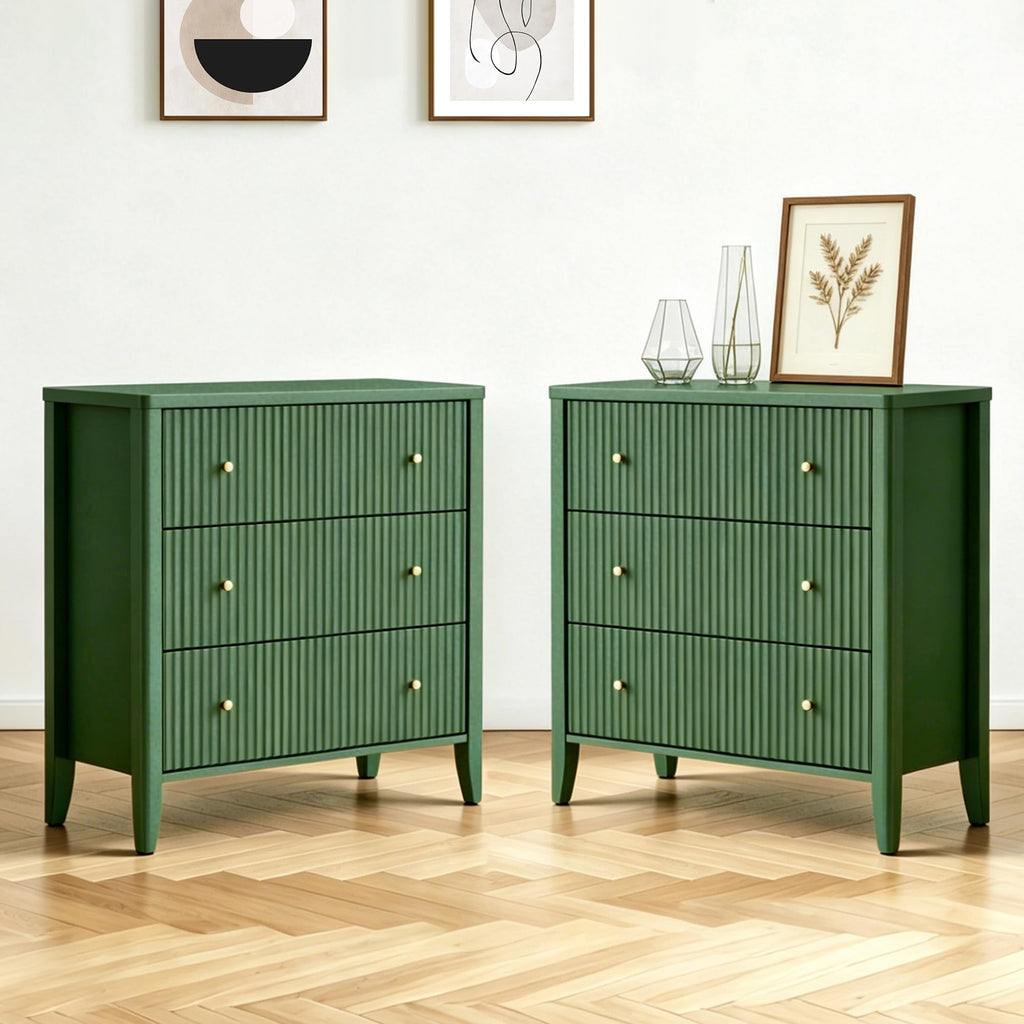 Large Nightstand Set of 2, 34"Wide Fluted Painted Bedside Table with 3 Drawer Dresser, Large End Tables with Storage