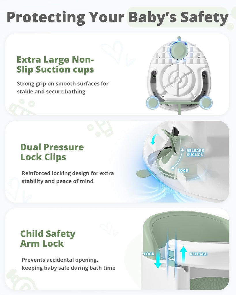 Baby Bath Seats for Babies Sitting Up, Non-Slip Baby Bathtub with 3 Suction Cups, Safe & Comfortable Toddler Bath