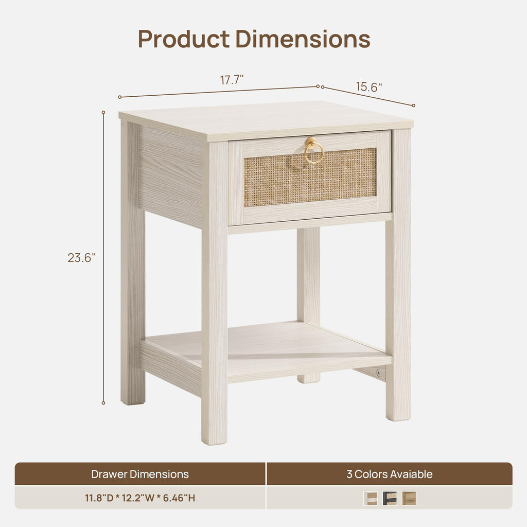 White Rattan Nightstand with Storage Shelf, Boho Bedside Table