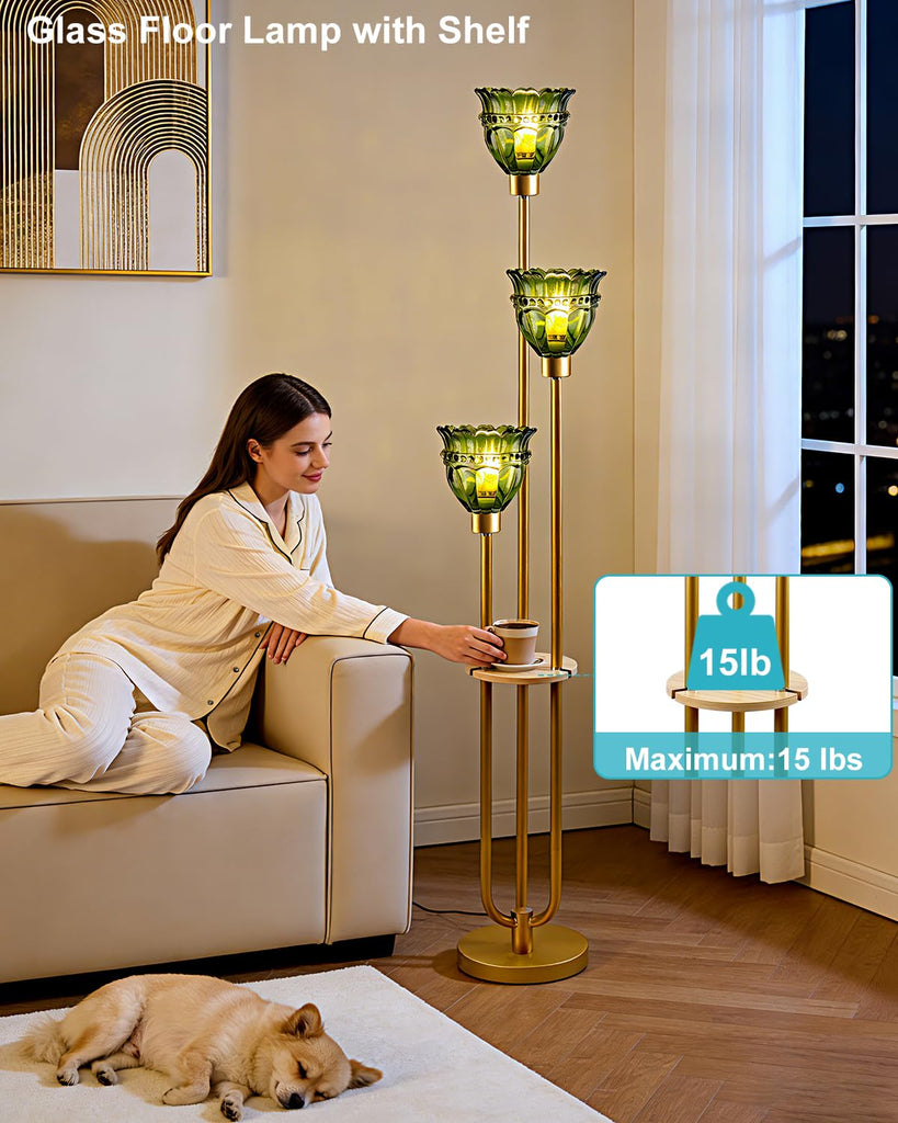 3-Light Green Tulip Glass Floor Lamp with Side Table, Mid Century Modern Gold Tall Standing Lamp, 3000K Warm White