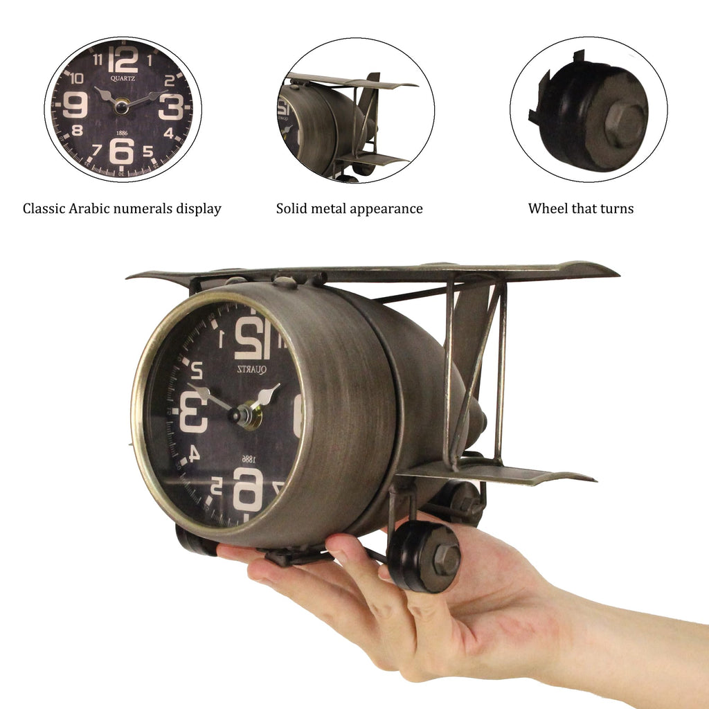 Airplane Metal Tabletop Clock Industrial Home Decor Accents for the Mantel, Shelf, Desk, or Any Table Top, Battery