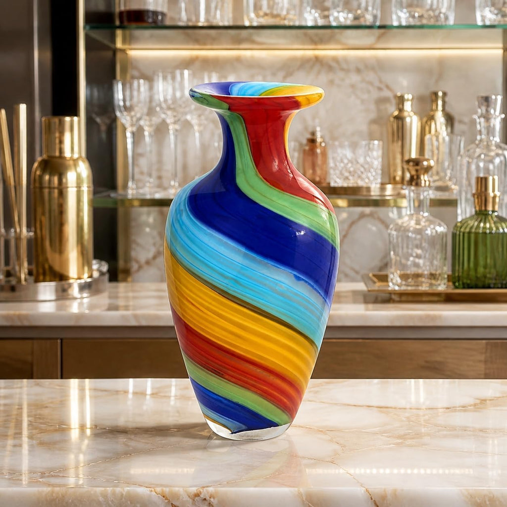 Rainbow Murano-Style Art Glass Vase - 10" Tall Mouth-Blown Glass Vase - Contemporary Home Decor Accent Piece