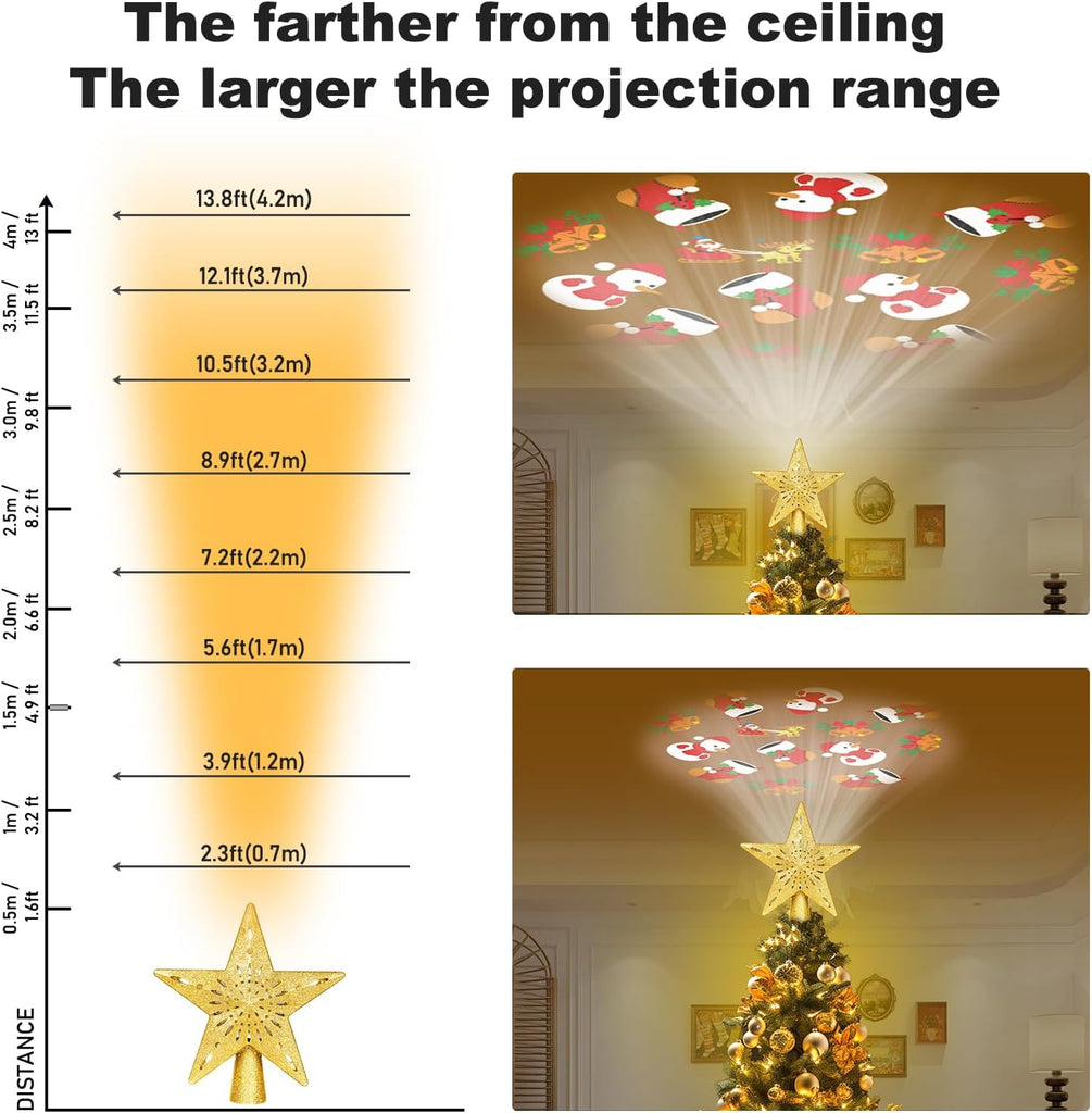 Star Tree Toppers with LED Rotating Lights, Golden