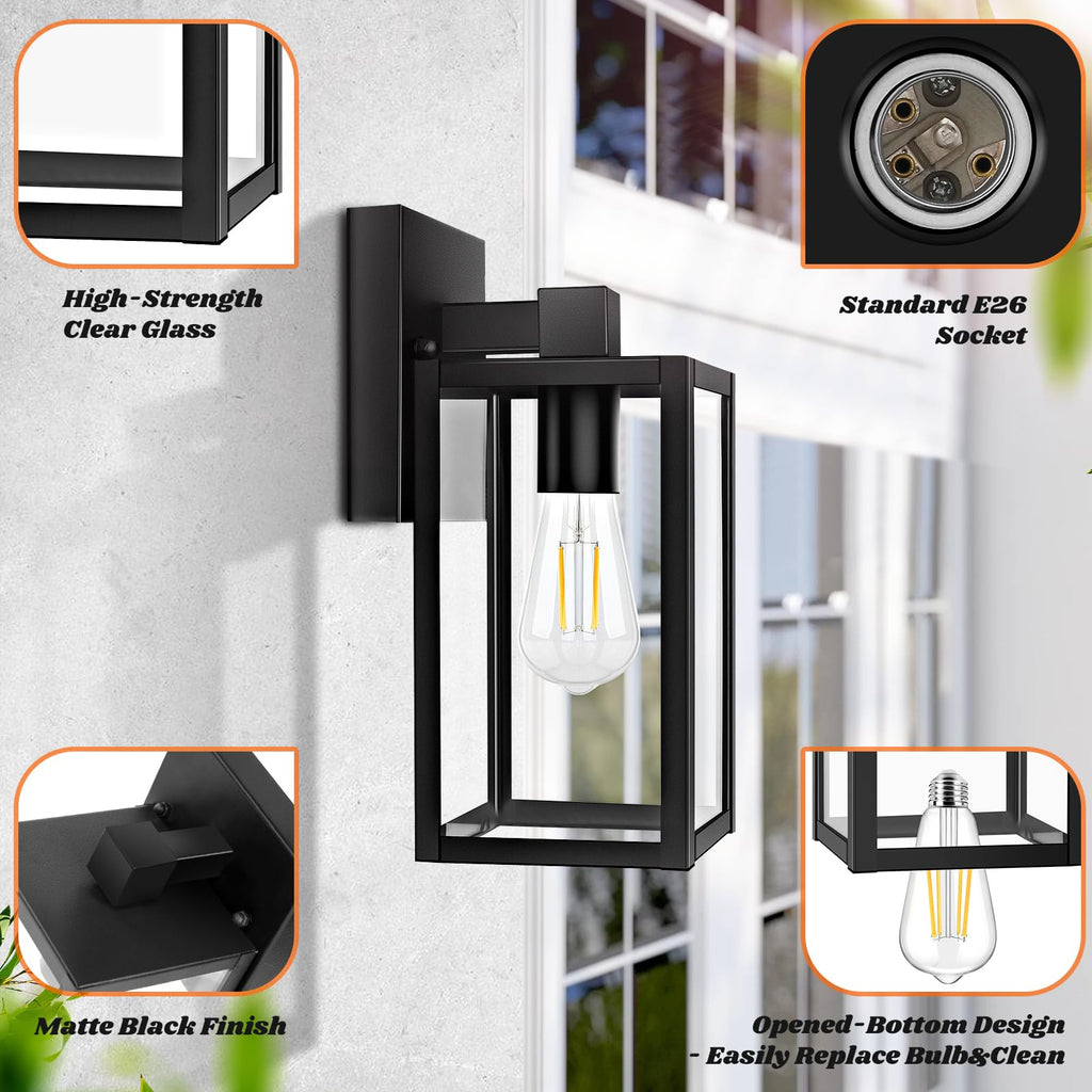 2-Pack Outdoor Wall Lantern, Exterior Waterproof Wall Sconce Light Fixtures, Black Outside Wall Lights with Clear