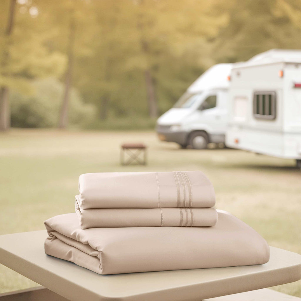 Short Queen Sheets for RV, Beige Cream RV Queen Sheets, Silky Soft 1800 Microfiber Bed Sheet for Camper, 4 Piece RV