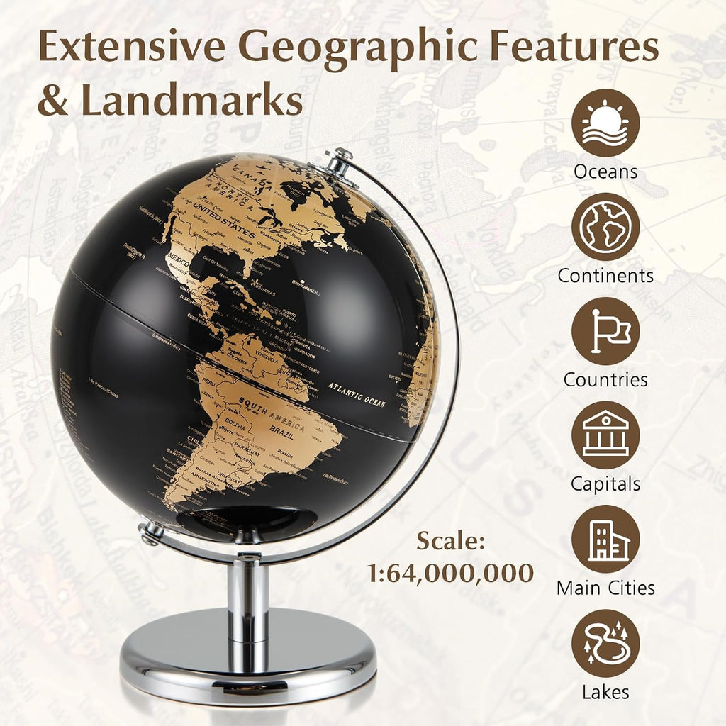 8" World Globe, Black Earth Globe with Gold Accents, Metal Stand, Non-slip Base & Time Zone, Decorative Tabletop Desk