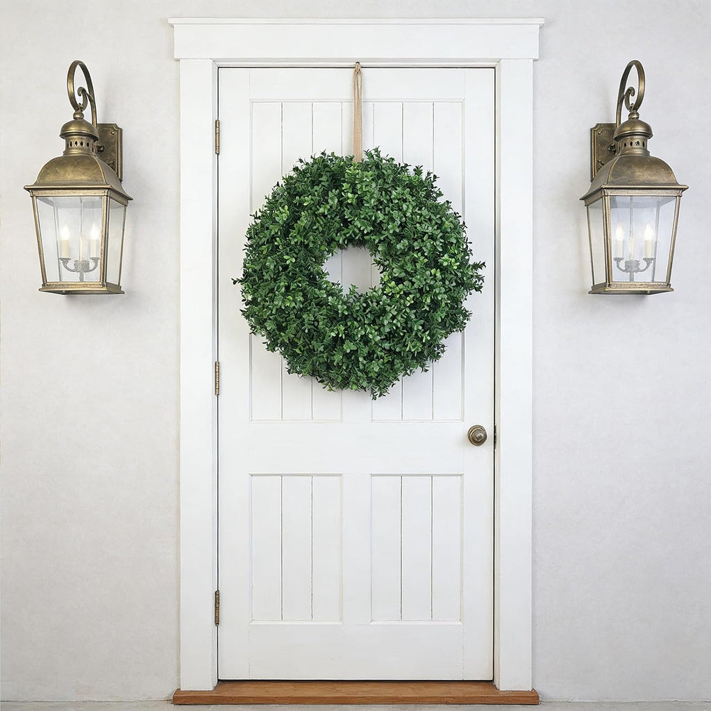24 Inch Artificial Boxwood Wreath for Front Door - Lush Green Leaf Wreath for All Seasons, Faux Boxwood Door Decor