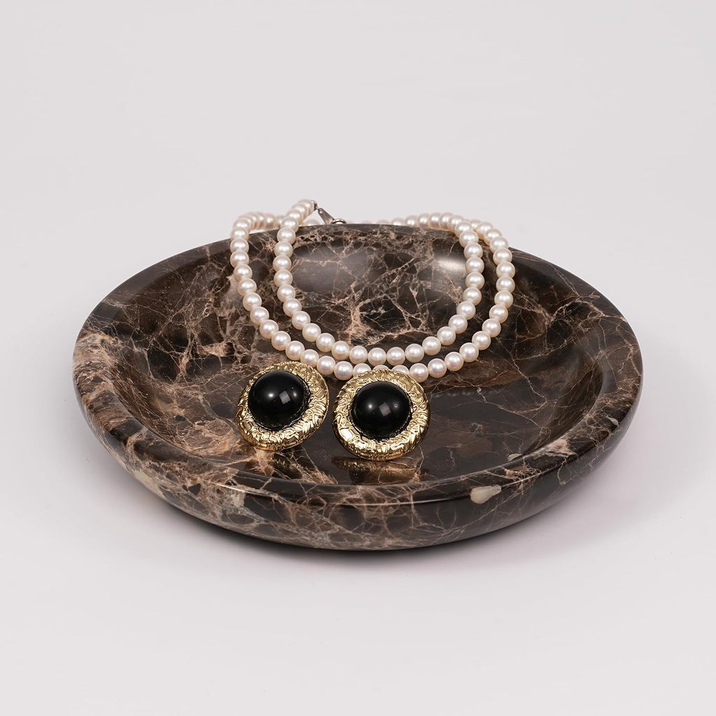 Brown Marble Jewelry Tray - Stone Trinket Ring Key Purse Holder Dish, Small Cute Round Plate Decorative Bowl