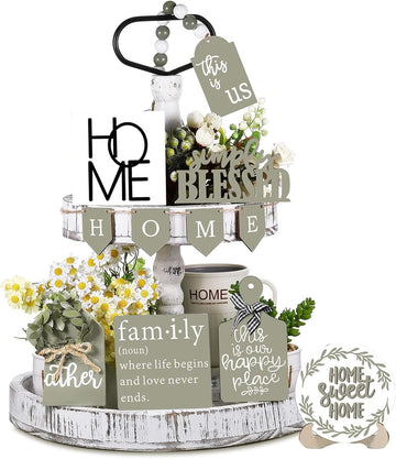 Farmhouse Tiered Tray Decor Set - Rustic Wooden Mini Signs and Decorations and Kitchen Display (Tiered Tray Not - Set of 11
