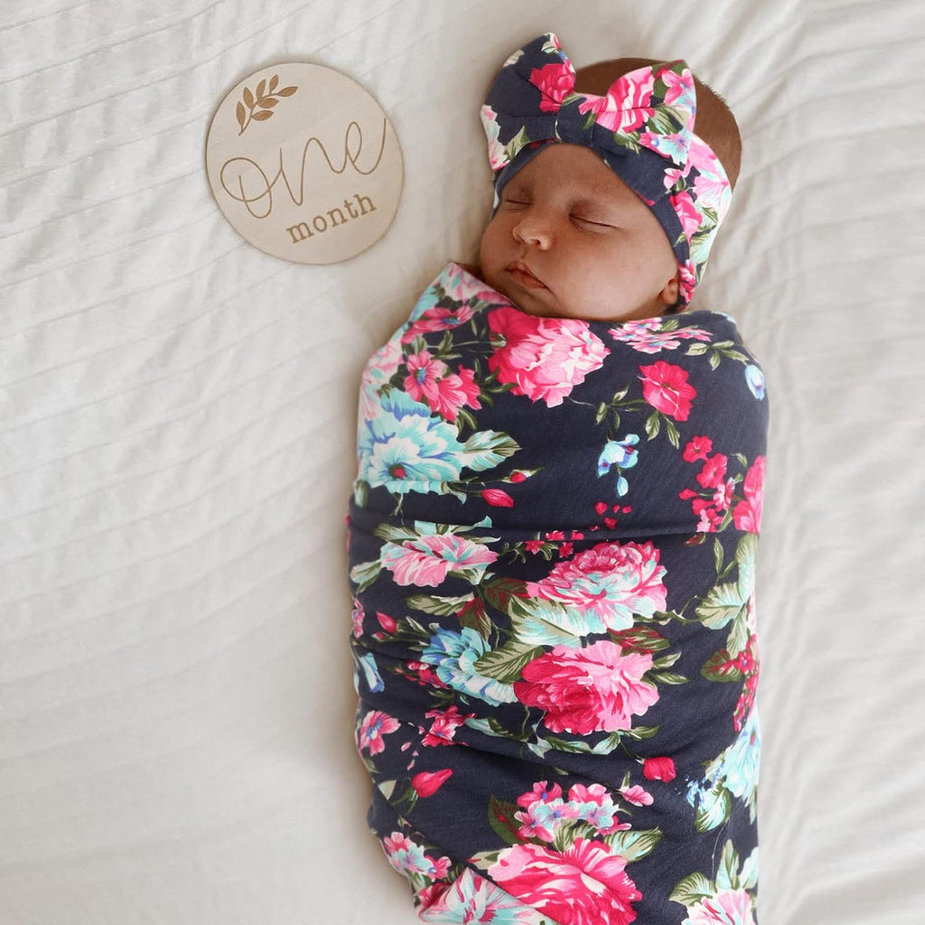 Floral Receiving Blankets 3 Sets Baby Swaddling with Bow Headbands Swaddle Wrap Toddler Warm Shower