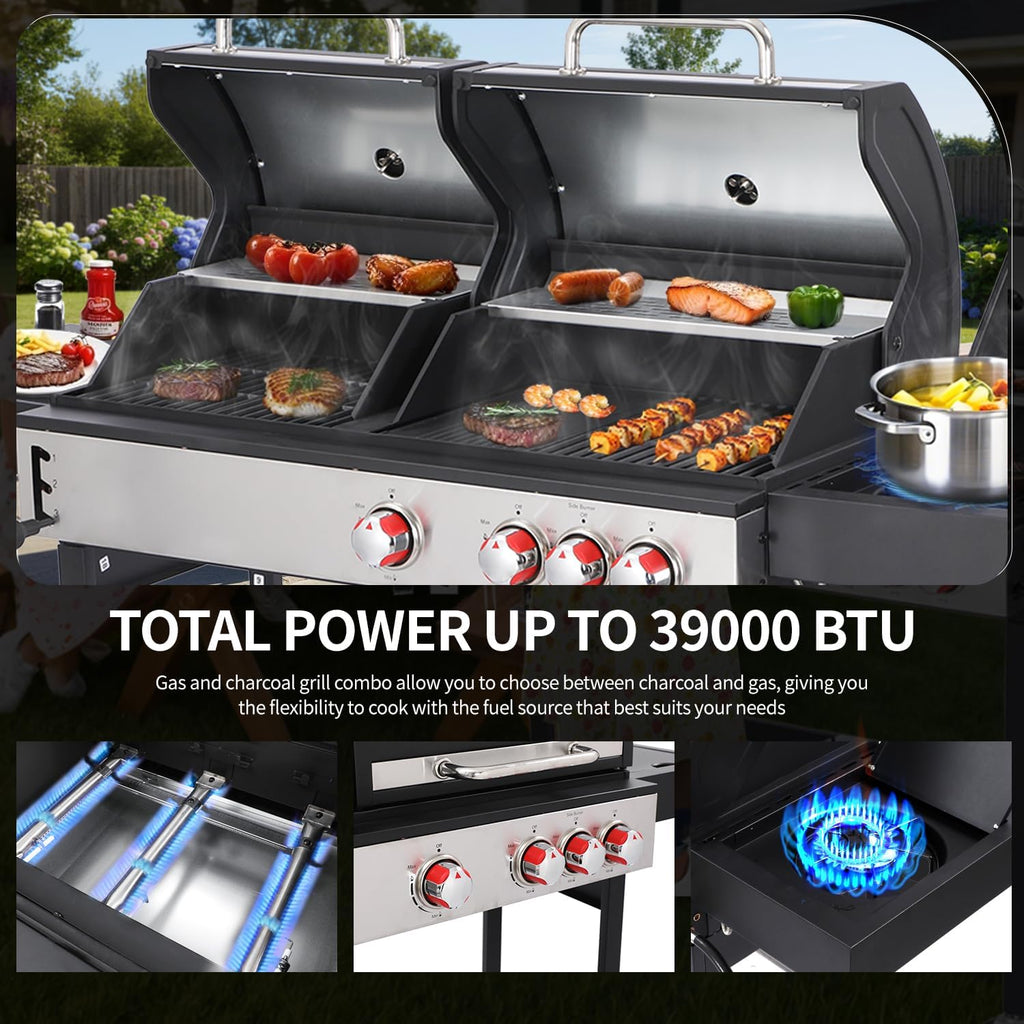 3-in-1 Propane and Charcoal Grill Combo with Side Burner, Griddle and Pot, Cast Iron Grates, 673 Sq. In. Cooking Area