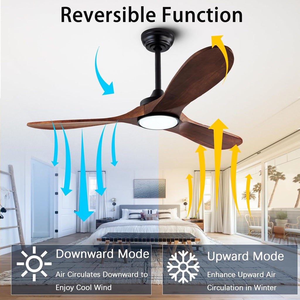 42 Inch Wooden Ceiling Fan with Light and Remote Control - Noiseless Reversible DC Motor, 3 Blades, 6-Speed - Black + Walnut