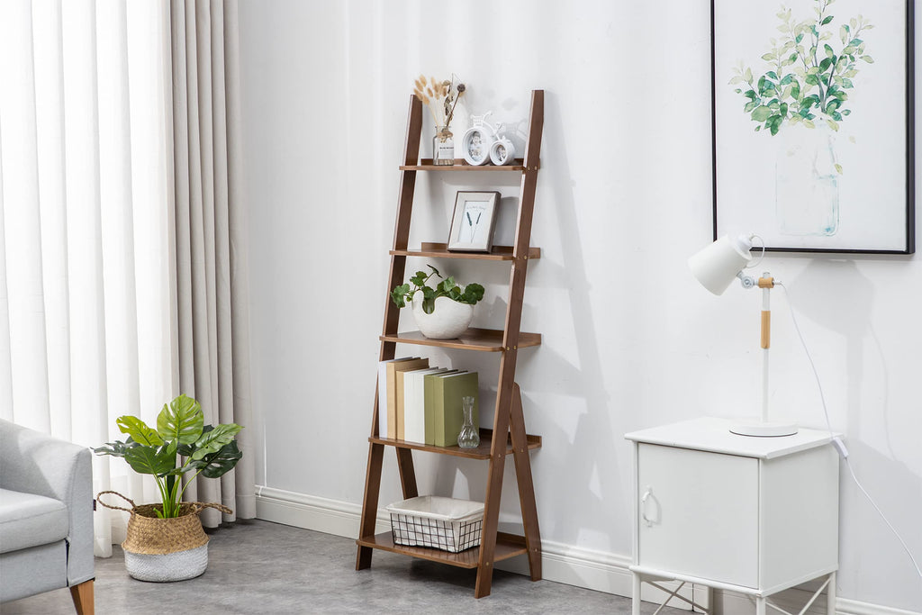 Ladder Shelf Bookshelf, 5-Tier Leaning Shelf, Free Standing Organizer Storage Shelves, Storage Rack Shelf, Brown