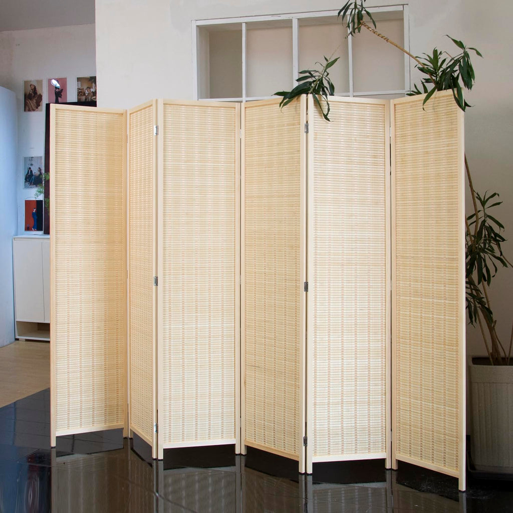 6 Panel Bamboo Room Divider - 5.6 ft Tall Natural Beige Folding Privacy Screen, Double-Sided Freestanding Partition