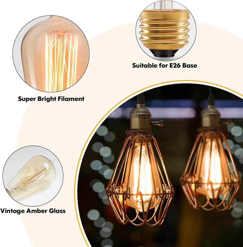 60 Watt Incandescent Edison Light Bulbs, Vintage Dimmable E26 Bulbs, ST64 2200K Warm White Antique 260LM E26 Medium
