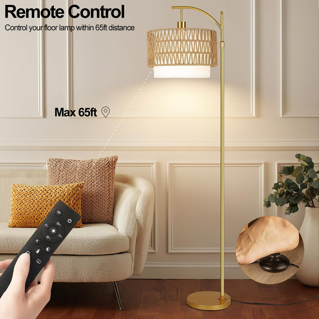 Boho Floor Lamps Rattan Arc Floor lamp with Remote Control & 3 Color Temperatures, Vintage Wood Mid Century Modern