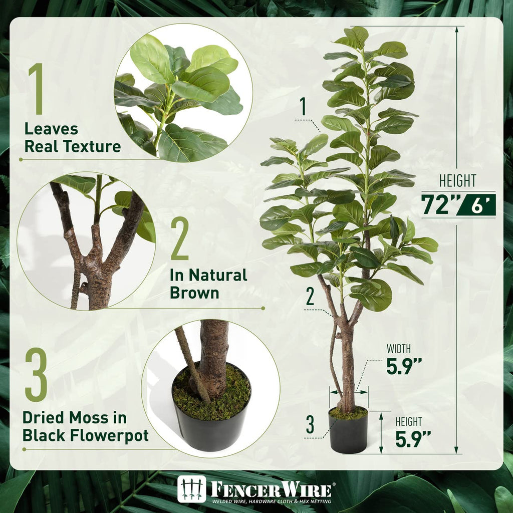 Artificial Fiddle Fig Tree, 6/7 Feet in Pot with Dried Moss, for Indoor House Home Office Store, Potted Ficus Lyrata
