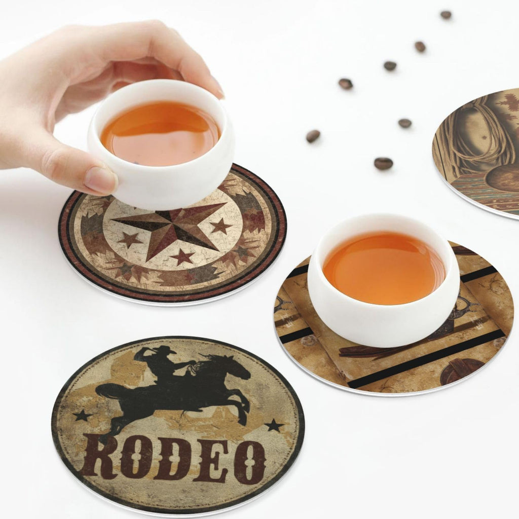 Western Coasters for Drinks with Holder Round Leather Coasters Set of 6 Cups Mugs Mat Pad Kitchen Bar
