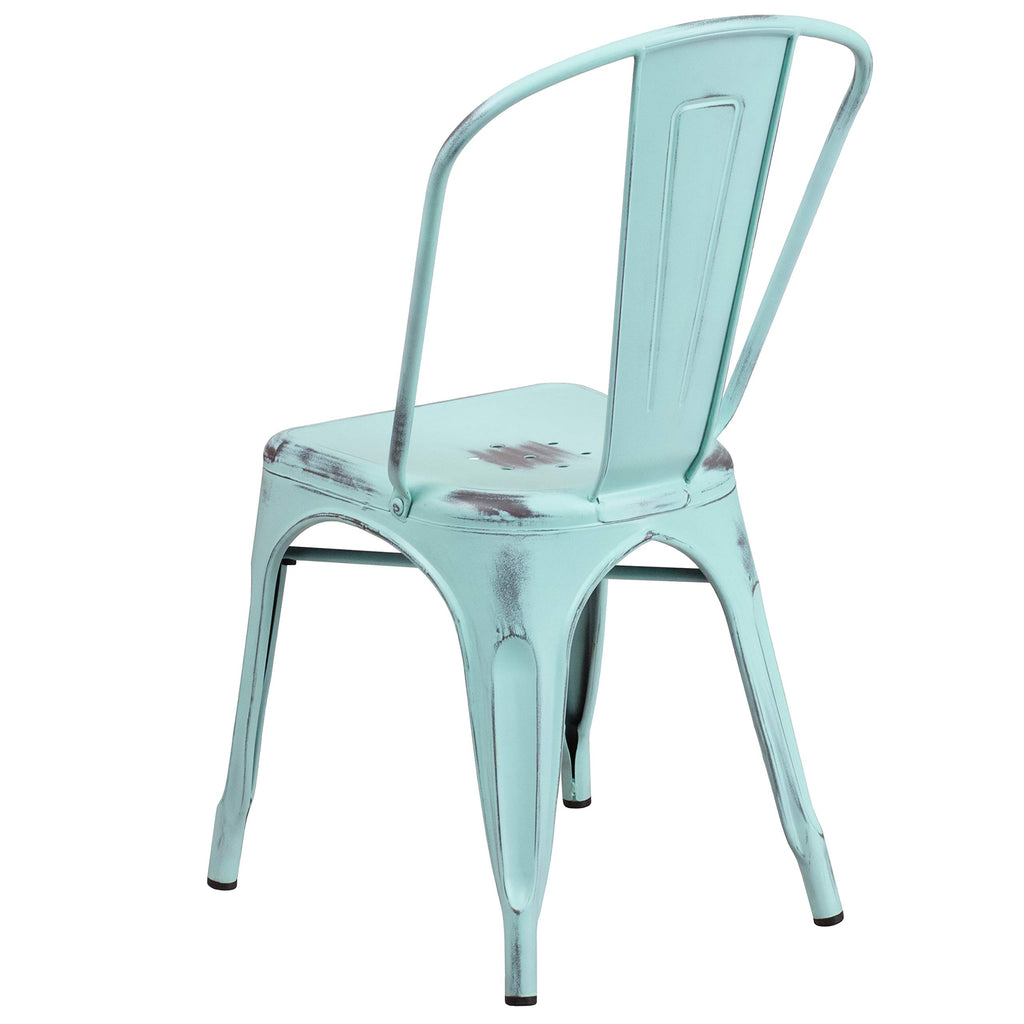 Distressed Green-Blue Metal Indoor/Outdoor Stackable Chair