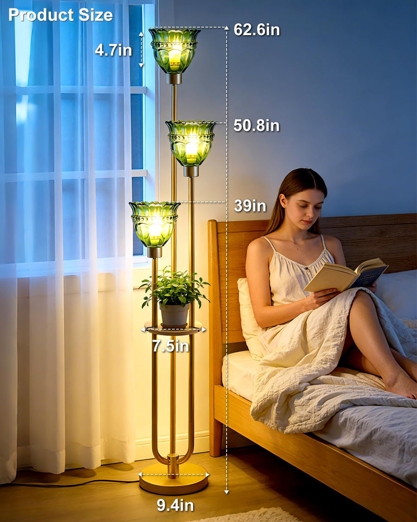 3-Light Green Tulip Glass Floor Lamp with Side Table, Mid Century Modern Gold Tall Standing Lamp, 3000K Warm White