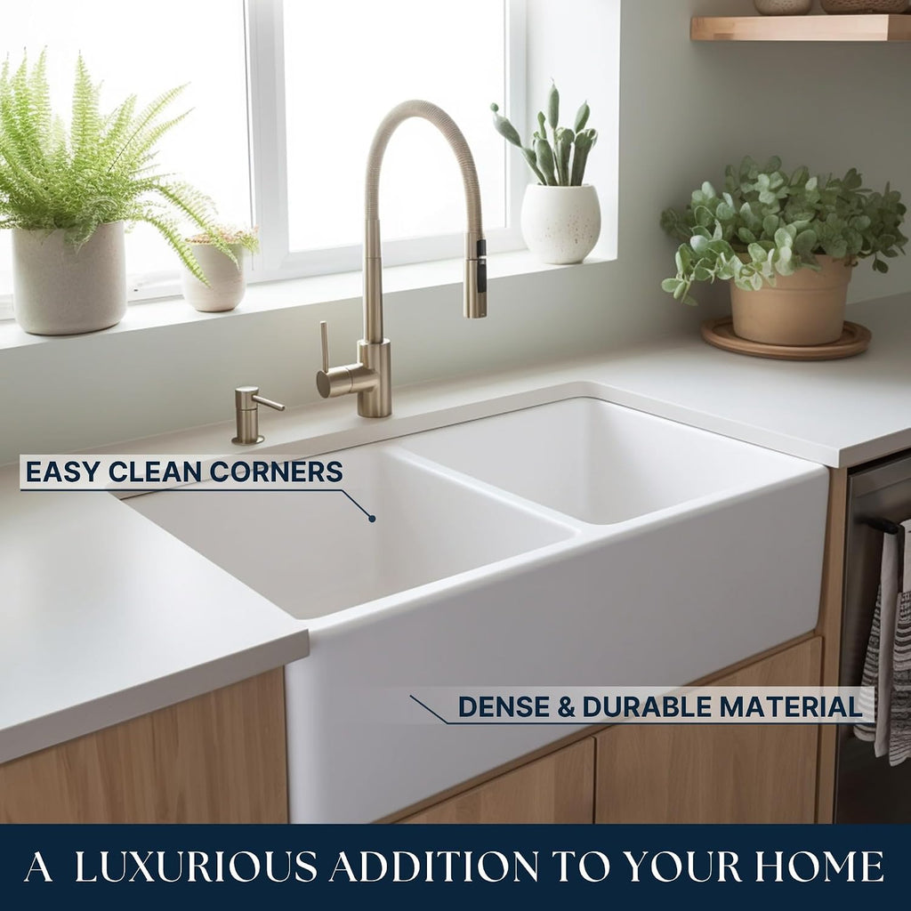 Turner 33 in White Fireclay Farmhouse Sink, Double Bowl | SureFire chip-resistant glaze, apron front undermount