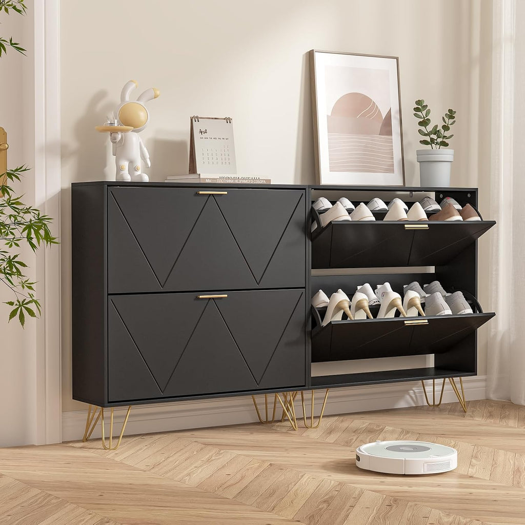 Shoe Cabinet with 2 Flip Drawers, Black Shoe Storage Cabinet, Slim Wooden Freestanding Shoe Rack, Shoe Organizer with