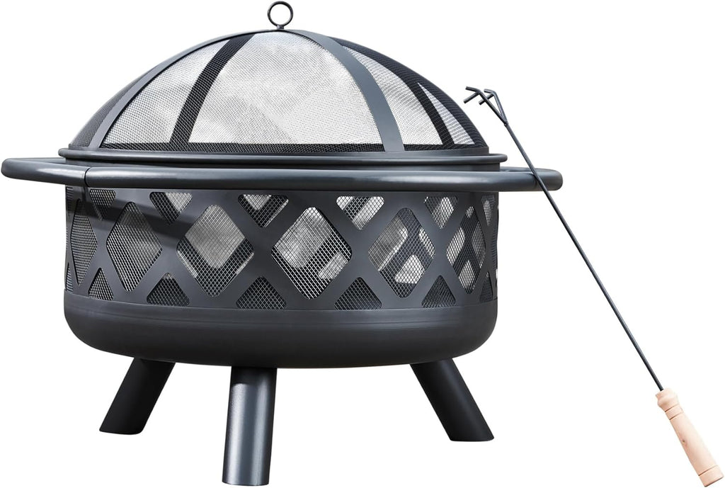 Round Steel Outdoor Fire Pit Outside Wood Burning Firepit Bonfire with Firebowl, Poker, Mesh Screen