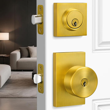 Antique Brass Exterior Door Knob and Deadbolt Set, Keyed Alike
