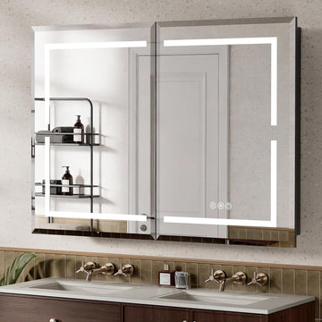 36X30 Inch Lighted Medicine Cabinet, Recessed or Wall Mounted Bathroom Mirror with Adjustable Brightness, Double Door