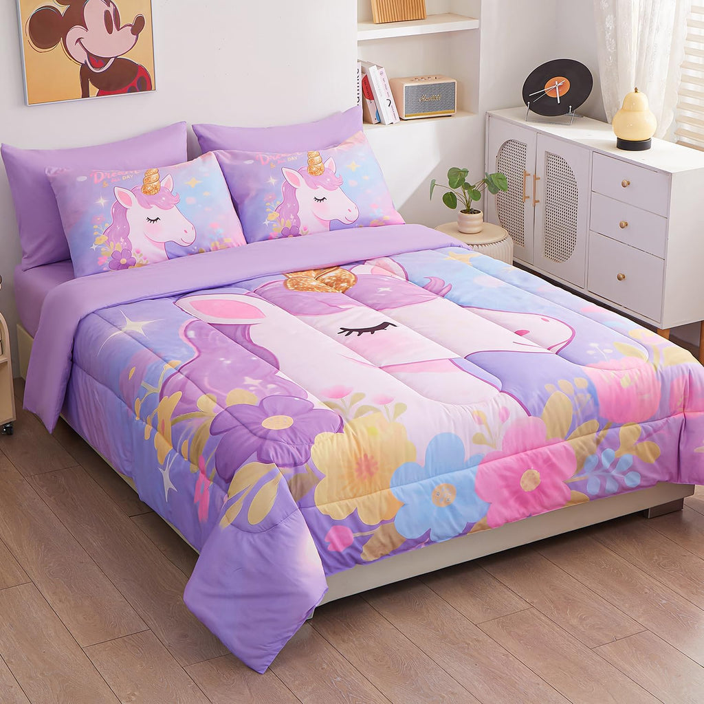 Twin Comforter Set for Girls 5 Piece Unicorn Bedding Set for Girls Super Soft Microfiber Bed Set Bed in a Bag with