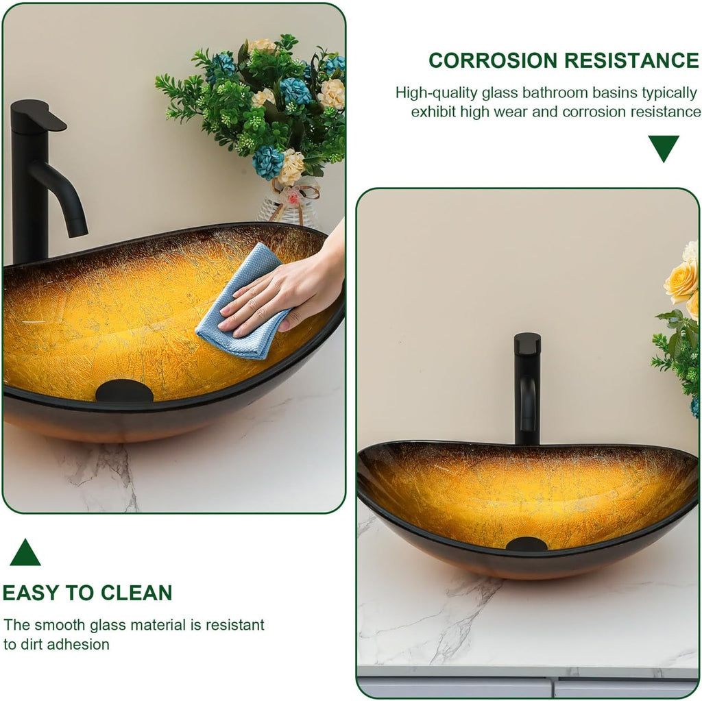 Sarlai Boat Shape Bathroom Vessel Sink with Black Faucet and Pop-up Drain Set 21x14 Inch Modern Artistic Tempered