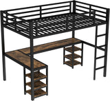 Twin XL Size Loft Bed with Desk and Shelves, Metal Twin XL loft bedframe with L Desk and 6 Storage Shelves, Black
