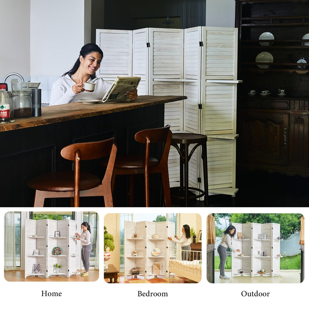 Partition Room Dividers, Folding Wood Privacy Screen with Three Display Shelves Suitable, Study, Art Display - 5
