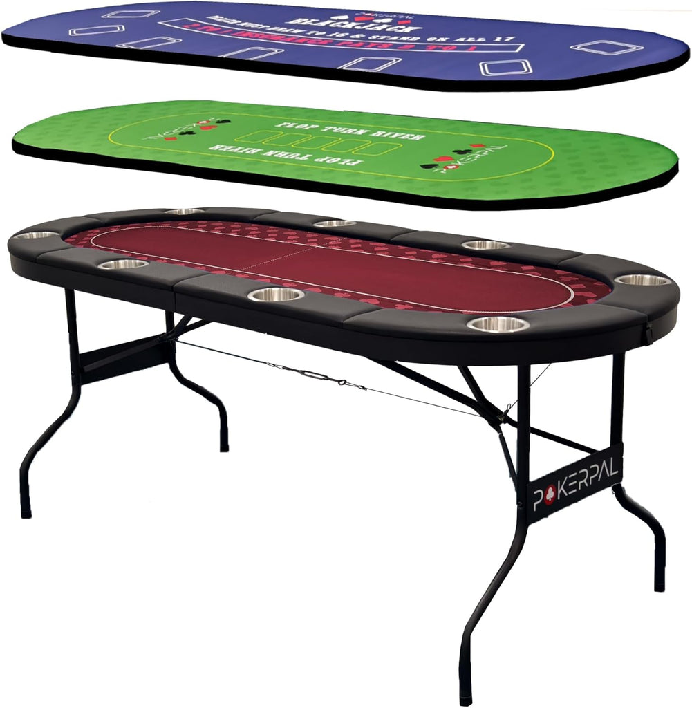 8 Player Poker Table with 2 Interchangeable Game mats, Texas Holdem and Blackjack, Collapsible Casino Table with
