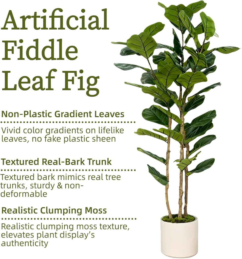 Artificial Fiddle Leaf Fig Tree 6FT with White Tall Planter-Large Faux Tree Tall Fake Floor Plant in Pot,Artificial - Set of 3