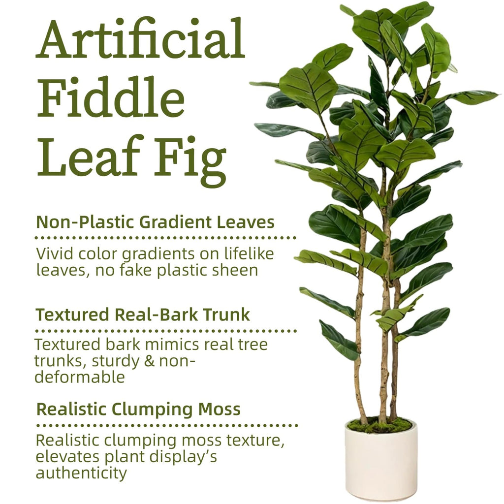 Artificial Fiddle Leaf Fig Tree 5FT with White Tall Planter-Large Faux Tree Tall Fake Floor Plant in Pot, Artificial