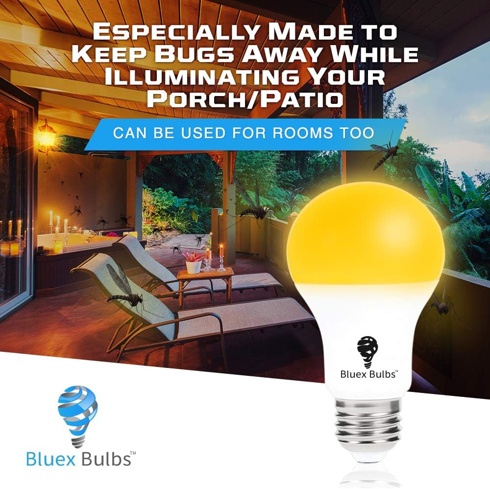 2 Pack LED Dusk to Dawn A19 Bug Light Bulbs, Yellow Amber Light With Automatic Sensor, Porch Lights Security, Auto