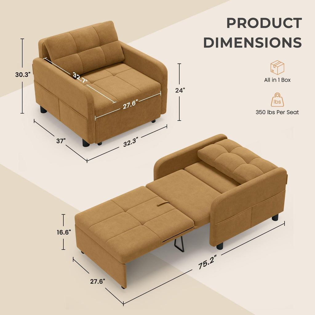 Deep Seat Sleeper Chair Bed, Zero Wall Clearance