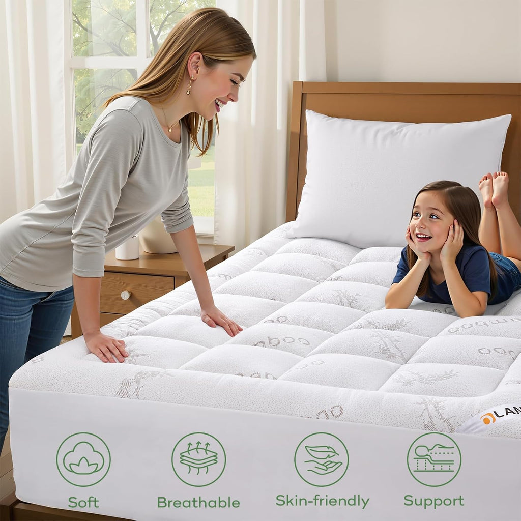 Full Bamboo Viscose Cooling Mattress Topper, White | Soft Quilted Comfort, Pillow Top Mattress Pad, Plush Down