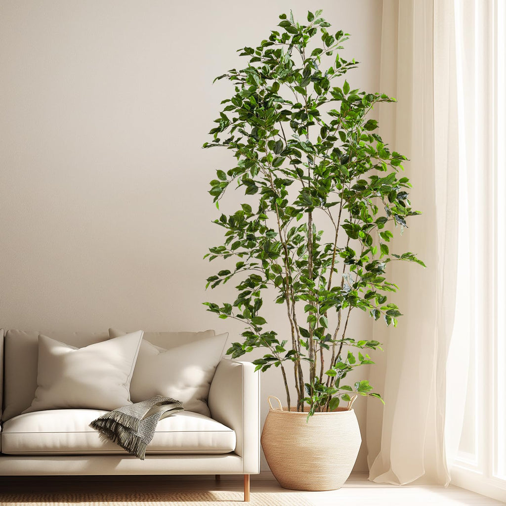 Artificial Ficus Tree Indoor 8ft, Large Potted Faux Tree with Realistic Silk Leaves & Trunk Corner Decor