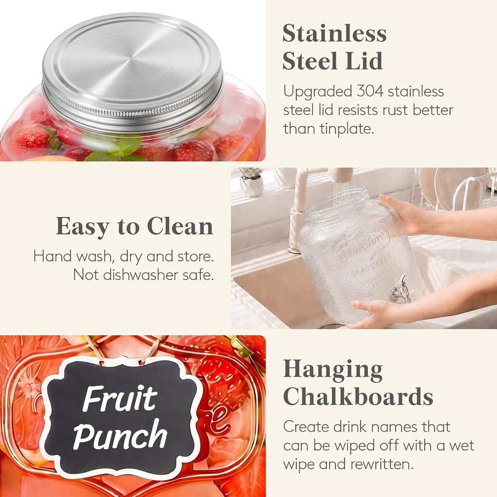 Gallon Glass Drink Dispenser with Stand & Fruit Infuser - Set of 2
