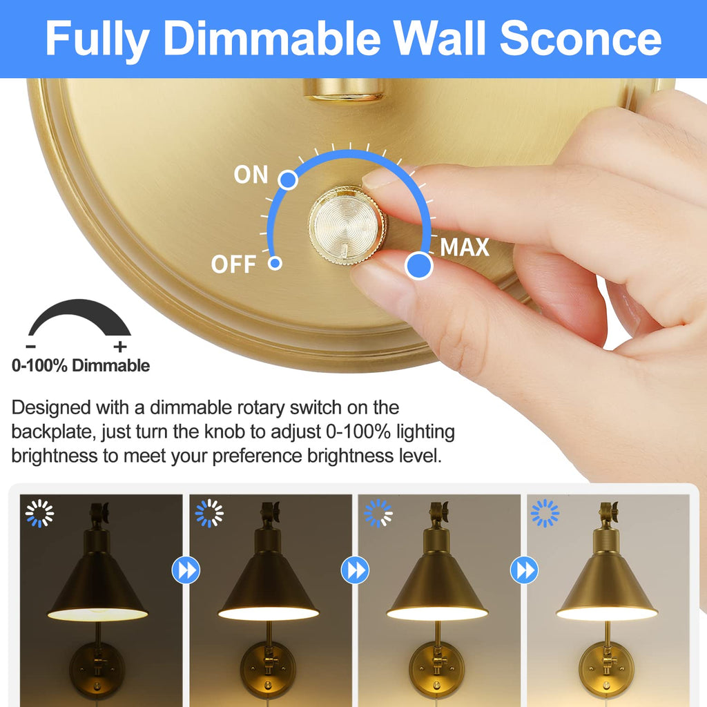 Wall Sconce Plug in, Brushed Brass Dimmable Wall Sconce Swing Arm Wall Lights Plug in Wall Mounted Light with 6FT