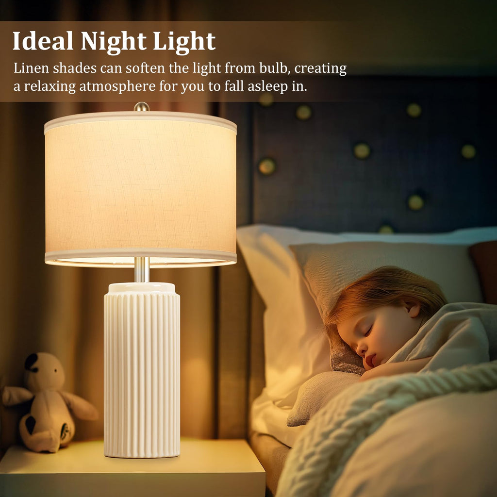 23.5'' Beige Modern Ceramic Table Lamps Set of 2, Farmhouse Bedside Lamps with Upgraded White Linen Shade, Rustic