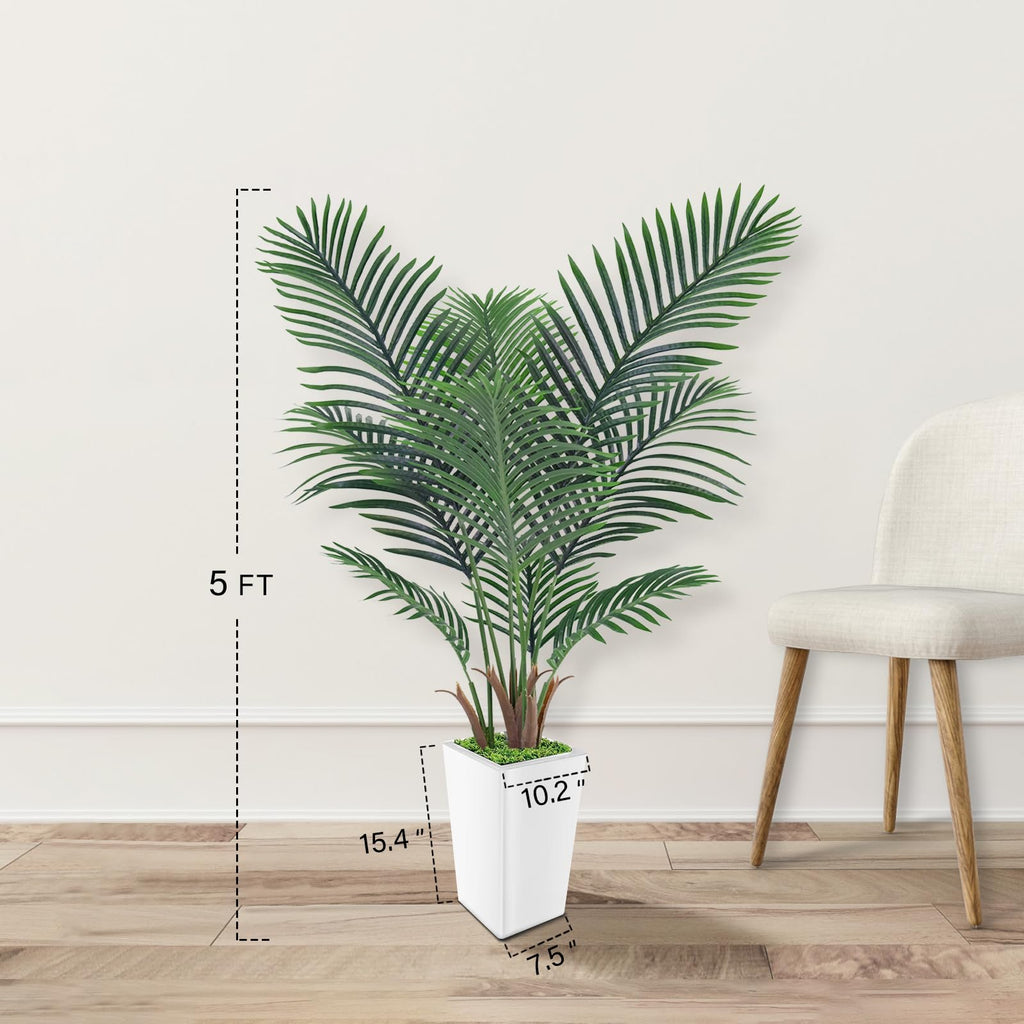 Artificial Palm Tree 5FT, Faux Palm Tree with Tall White Planter, Realistic Leaves & Natural Wood Trunk, Ideal Decor