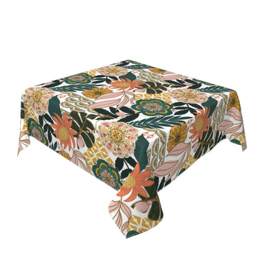 Boho Floral Square Tablecloth 54 Inch Vintage Pink Green Floral Table Cloth Polyester Fabric Outdoor Spring Summer