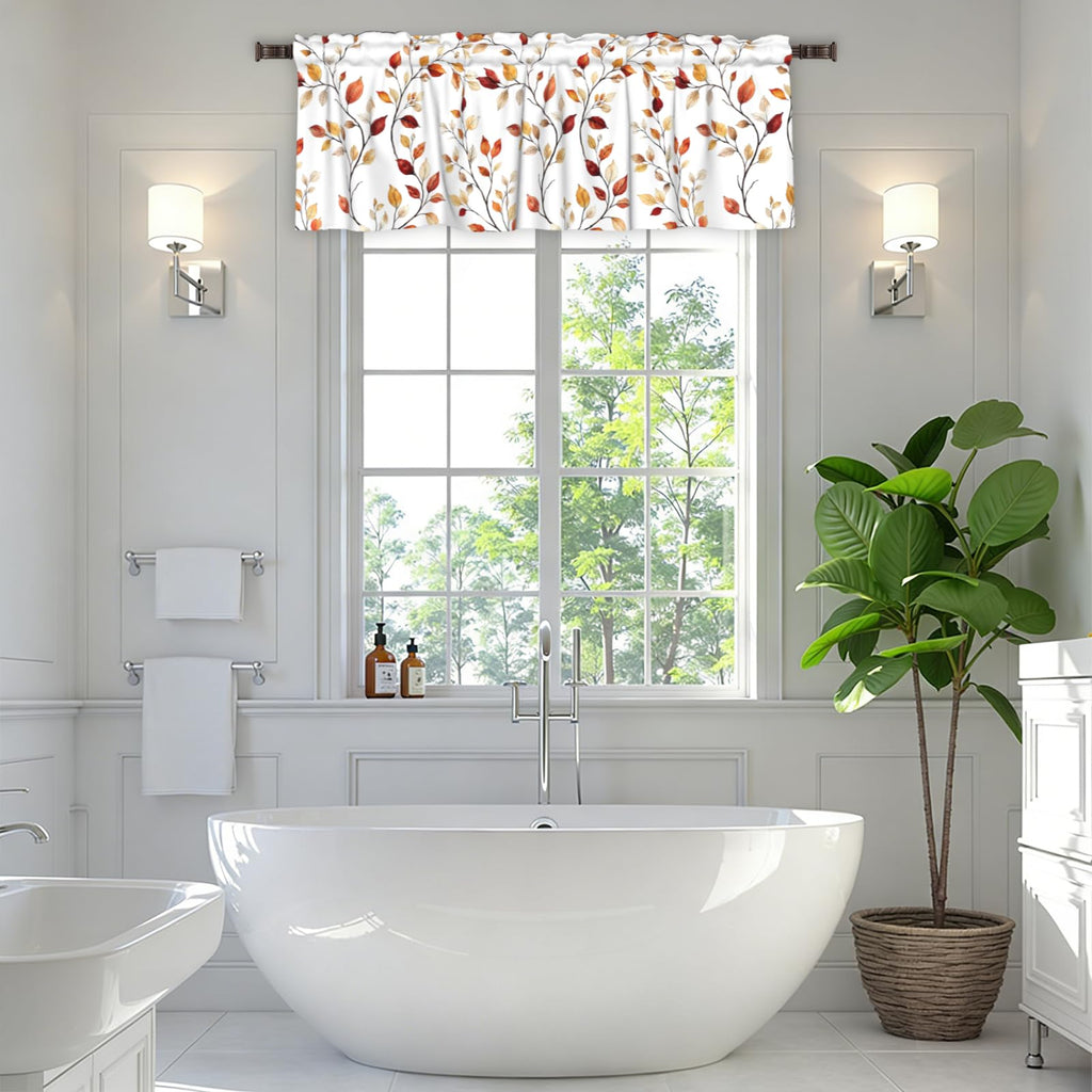 Fall Valances for Windows Brown Eucalyptus Leaves Print Kitchen Curtain Farmhouse Rustic Widow Valance with Rod